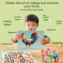 1件貼紙拼圖 - 兒童3D幾何拼貼貼紙，手工DIY益智拼圖貼紙，專注力訓練早期教育教育玩具，教育活動書，適合成人，培養創造力與運動技能，包含動物、形狀、顏色 - 生日、聖誕節、萬聖節禮物 - 彩色 - 查看 3