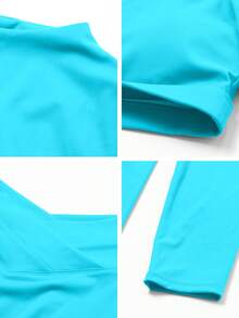 NEW SET-26AW Women's Cropped Top + Criss-Cross Waist Tight Leggings Set, Thumb Hole Design, Back Cutout, Suitable For Autumn, Yoga, Running, Fitness - Mint Blue - View 3