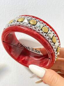 Vintage Luxury Burgundy Swirl Resin Bracelet, Colorful Crystal Decorated Glossy Resin Wide Bangle, Inlaid With Multicolored Round Rhinestones, Elegant Handmade Jewelry, Suitable For Daily Wear, Dates, Weddings And Formal Parties - Multicolor B - View 13
