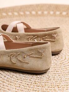 Women's Mary Jane Ballet Flats, Round Toe Cross Elastic Strap, Floral Embroidery Beaded Bohemian Style, Comfortable Slip-On, Daily & Vacation Wear - Khaki - View 5