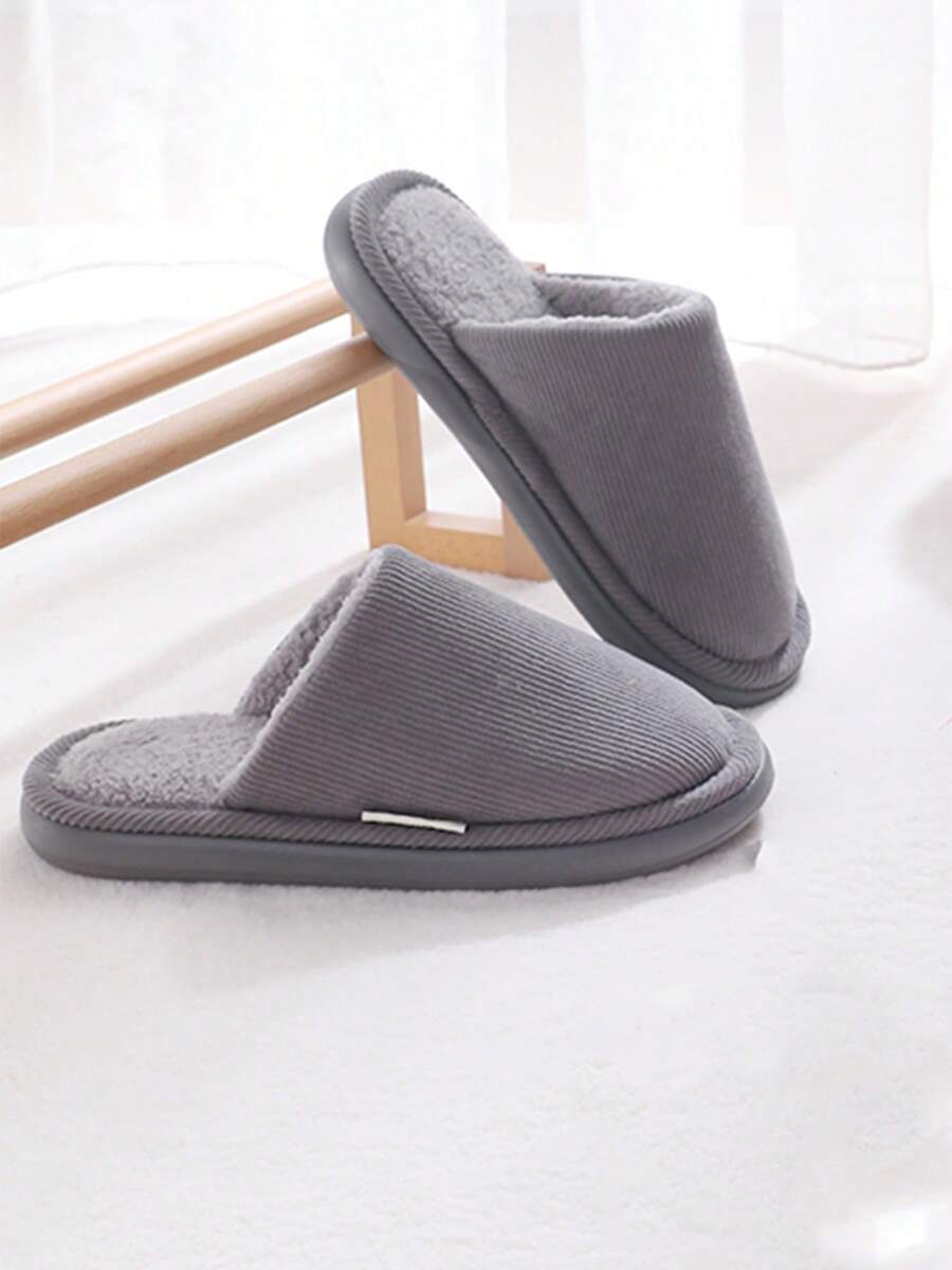 Men's Closed Toe Slippers For Autumn/Winter, Thick Lining For Warmth And Heat Retention, Simple Striped Fabric Soft And Skin-Friendly, Flat Closed-Toe Design To Protect Toes, Lightweight For Home And Bedroom Use, Minimalist Solid Color, Comfortable Warm Slippers For Home And Guests - Grey - View 1