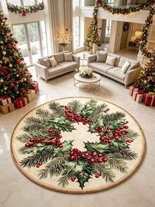 1pc Holly Wreath Round Rug, Decorative Carpet, Bedroom Decor, Small Rug, Carpet, Home Decor, Living Room Rug, Living Room Small Rug, Bedroom Rug, Living Room Home Decor - Multicolor - View 5