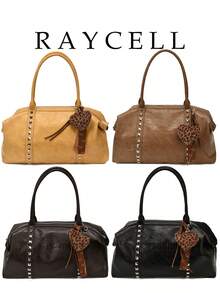 Tas Bahu Retro Wanita Kapasitas Besar, Tas Hobo Dekorasi Rivet Timbul Huruf dengan Liontin Hati Leopard, Tas Tote Kasual untuk Komuter - MultiWarna - View 2