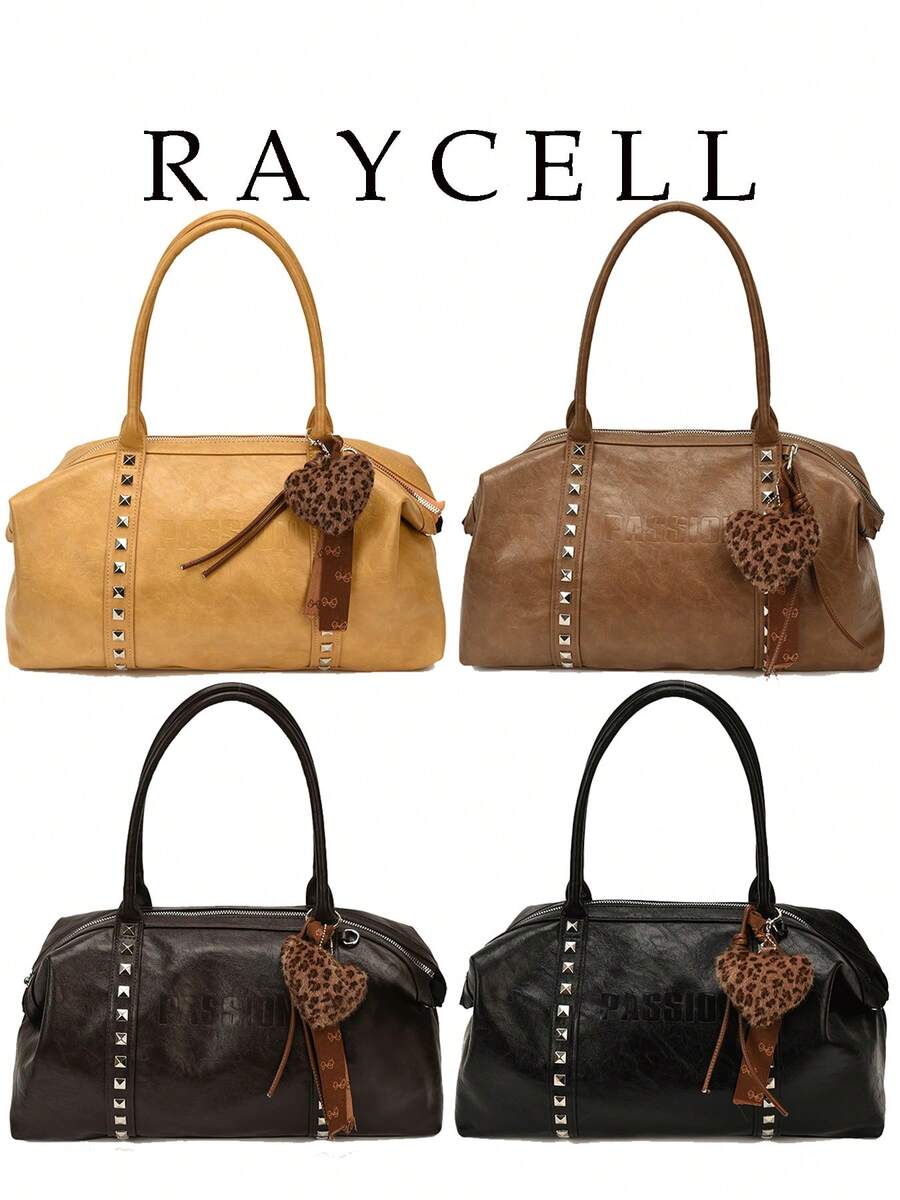 Tas Bahu Retro Wanita Kapasitas Besar, Tas Hobo Dekorasi Rivet Timbul Huruf dengan Liontin Hati Leopard, Tas Tote Kasual untuk Komuter
