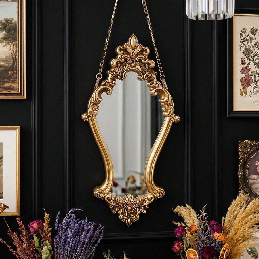 1PC European Vintage Style Gold Classical Floral Pattern Decorative Wall Mirror, Wooden Material Wall-Mounted Makeup Mirror, Indoor Cozy Wall Decor Home Art Hanging Mirror, Mid-Century Chain Hanging Decorative Mirror, Suitable For 3D Wall Decor, Wedding Room Wall Hanging, Bedroom Makeup Mirror, Entryway Wall Hanging, Fireplace Decoration, Housewarming Soft Furnishing Gift - A - View 1