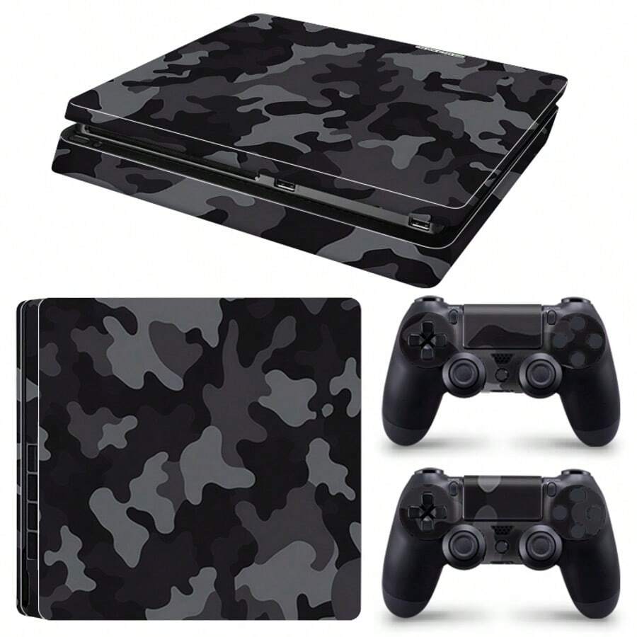 Dark Gray Camouflage Pattern Vinyl Sticker Set Compatible With PS4 Slim, Full Set Includes Console Sticker + 2 Controller Stickers, Premium PVC Material, Scratch-Resistant And Wear-Resistant, Removable Without Residue Game Console Decorative Film - View 1