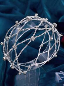 1Pc Elegant Rhinestone Mesh Hair Band Handmade Luxury Women Hair Accessory Bridal Headpiece For Wedding Party Prom - Silver - View 3