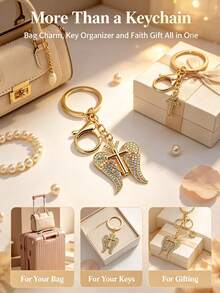 1pc Multi-Color Rhinestone Wing Cross Keychain, Inlaid With Sparkling Crystals, Metal Lobster Clasp, Portable Bag Hanging Key Ring, Suitable As Baptism, Birthday, Wedding, Holiday Gift And Daily Accessory - Multicolor - View 5