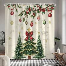 1pc Christmas Tree & Christmas Ball Shower Curtain, Vintage Design, Waterproof Bath Curtain, Suitable For Bathtub Partition, Bathroom Decor And Bathroom Accessories, Home Decor Gift, Includes 12 Hooks - Multicolor - View 7