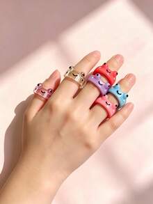 10pcs/Set Sweet & Cute Colorful Animal Resin Rings, Suitable For Children, Frog, Kitten, Teddy Bear Styles, Perfect For Daily Wear, Party, Vacation, Gift Jewelry Accessories - 10pcs Frog Resin Rings - View 7
