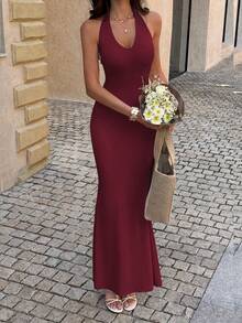 Vaiaye Women's Summer Solid Color Fitted Deep V-Neck Ruffle Backless Maxi Dress, Knit High Elastic Minimalist Elegant Sleeveless Long Dress - Burgundy - View 9