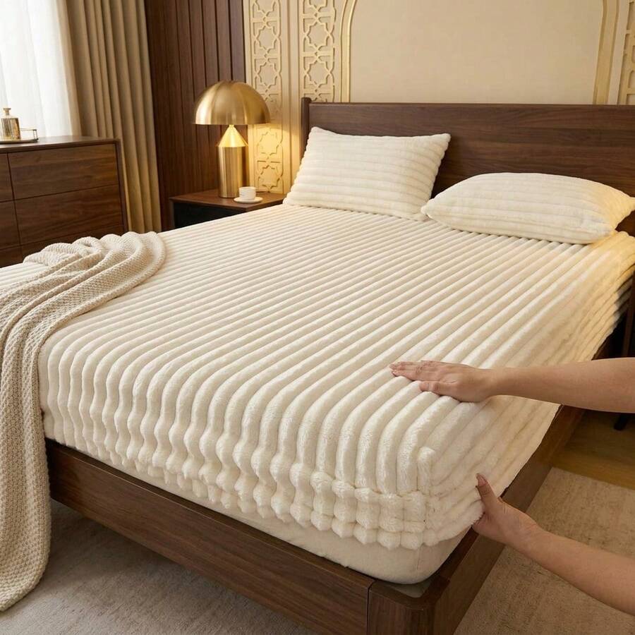 仿兔毛條紋包床單(不含枕套),秋冬加厚保暖絨毛床單,高彈性半包式床單,3D 垂直條紋設計,柔軟親膚仿兔毛面料,保溫鎖溫,觸感滑順不掉毛,緊貼床墊,彈性帶邊緣,穩固防滑不移位,防塵床墊保護,簡約純色多款可選,柔軟舒適,可機洗抗起球,適用於臥室與宿舍 - 奶油白 - 查看 1