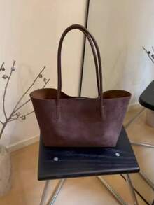 Maillard Autumn/Winter New Large Capacity Tote Bag, Fashionable High-End Shoulder Mother-Daughter Bag, Solid Color Vintage Handbag - Chocolate Brown - View 4