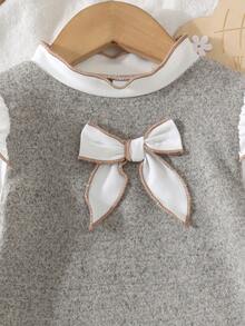 1pc Baby Girl Gentle Minimalist Bow Flutter Sleeve Stand Collar Straight Long Sleeve Dress, Thin For Spring And Autumn - Grey - View 4