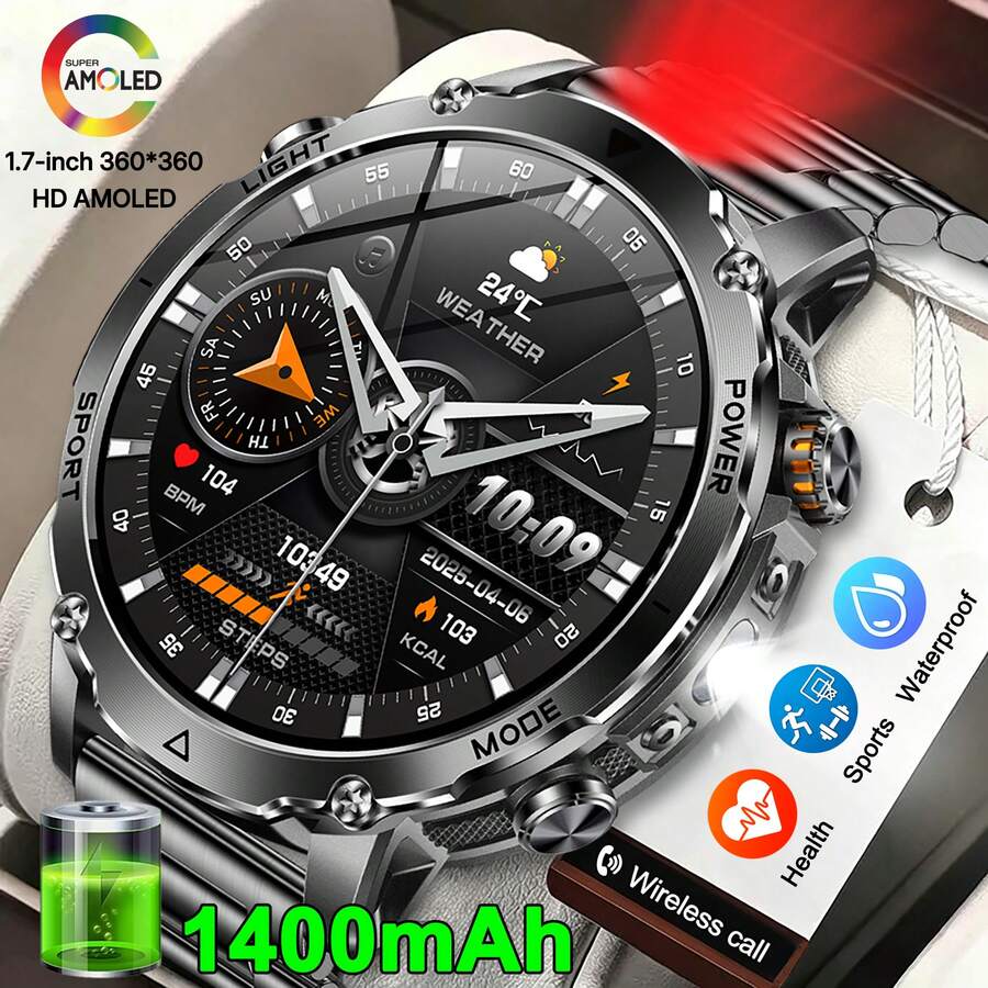KENPANG Rugged Sports Smart Watch For Men, 1400mAh Massive Battery, Built-In Dual-LED Flashlight, 1.7-Inch Large Screen, IPX8 Waterproof, 100+ Sports Modes, 24/7 Health Monitoring, Sleep Step Tracker, Men's Fitness Tracker, IOS Android