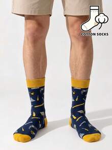 1 Pair Novelty Mechanical Tool Pattern Crew Socks, Navy Blue And Yellow Fashion Socks, Quirky Workwear Aesthetic Socks, All-Over Print Hardware Tool Street Style Mid-Calf Socks - Multicolor - View 3