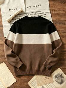 Boys Colorblock Striped Crew Neck Knit Sweater, Casual Long Sleeve Pullover, Autumn/Winter Children Warm Top - Apricot - View 4