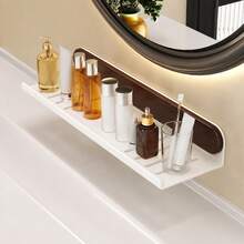 1pc Walnut Wood Storage Rack, No-Drill Wall-Mounted Shelf, Waterproof Multi-Functional Organizer For Bathroom Vanity, Sink And Kitchen Sink, Sturdy And Practical Space-Saving Home Storage Solution - Multicolor - View 12