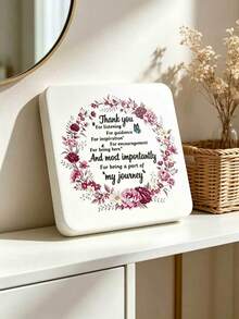 Square Rounded White Textured Thanksgiving Theme Desktop Decor, Burgundy Rose Wreath Surrounding English "Thank You" Heartwarming Gratitude Quote, Blue Butterfly Accented Decorative Pattern, Home Desktop Display Craft, Desk, Vanity, Bedside Table, Shelf, Windowsill Surface Placement Decoration, Thoughtful Gift For Teachers, Mentors, Colleagues, Elders, Heartwarming Commemorative Gift - A - View 2