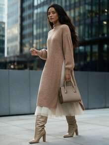 Women's New Autumn Round Neck Long Sleeve Off-Shoulder Knit Dress For Daily Wear, Travel And Vacation - Brown - View 5