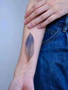 1pc Temporary Tattoo, Watercolor Gradient Blue And Brown Feather Pattern, Realistic Fake Tattoo Design, For Daily, Bachelorette Party Favors, Music Festival, Game, Graduation Gift, Lasts 3-5 Days - Multicolor - View 5