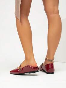 Women Burgundy Patent Square Toe Mary Jane Flats, Single Gold Buckle Strap Retro Office Dress Shoes - Red - View 8