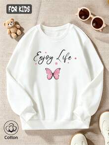 Gentle Pink Butterfly, Simple And Artistic Kids' Sweatshirt - White - View 3