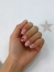 24pcs Short Coffin Shaped Press-On Nails, Snowflake White French Glitter Bell Fake Nails, Includes Jelly Glue And Nail File - Multicolor - View 1