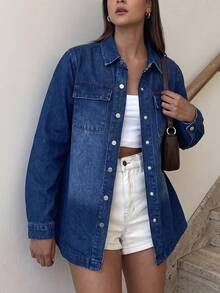 Women's Single-Breasted Utility Pocket Casual Elegant Long Sleeve Denim Jacket - Dark Wash - View 3