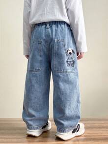 Young Boy Denim Jeans, 2-7 Years Old Elastic Waist Loose Fit Jeans, Back Pocket Dog Embroidery, Light Wash, Casual Daily Wear - Medium Wash - View 8