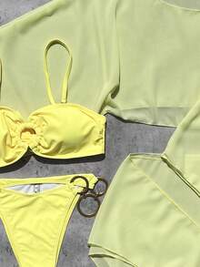 女款夏季海灘純色性感比基尼三角內褲兩件式泳衣套裝，附遮陽上衣與迷你裙 - 黃色 - 查看 4