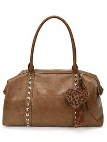 Tas Bahu Retro Wanita Kapasitas Besar, Tas Hobo Dekorasi Rivet Timbul Huruf dengan Liontin Hati Leopard, Tas Tote Kasual untuk Komuter - MultiWarna - View 14