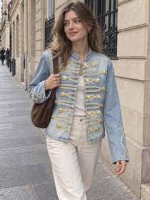 Fall Denim Jacket Women's Cropped Jean Jacket Long Sleeve Napoleon Jackets Coat Rope Buttons Napoleon Military Outerwears Woman Autumn Streetwear - Light Wash - View 2