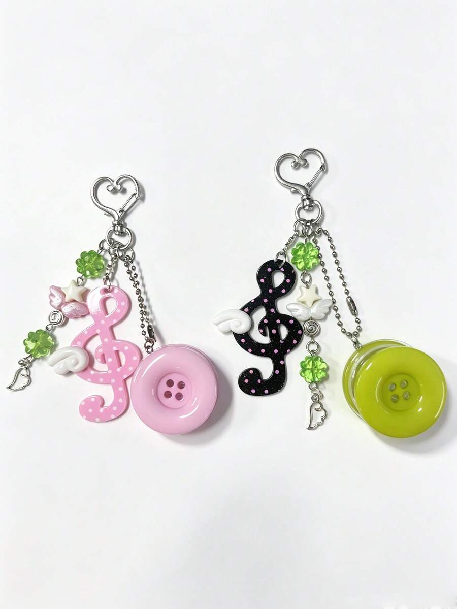 Cute Music Note Keychain, Y2K Button Bag Charm With Clover Star Wing Pendant, Aesthetic Handmade Key Ring For Backpack Purse Decor - Multicolor - View 1