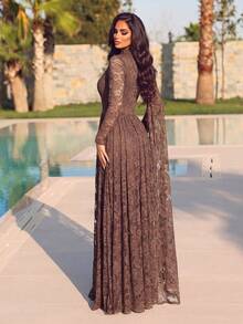 Romantic Women's Long Sleeve Lace Formal Dress, Stand Collar, Asymmetrical Pleated Details, Suitable For Elegant Evening Events - Coffee Brown - View 2