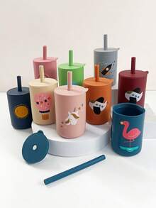 1pc Silicone Baby Straw Cup With Cute Printed Pattern, 180ml Large Capacity Water Cup Suitable For Baby Daily Drinking - Multicolor - View 4