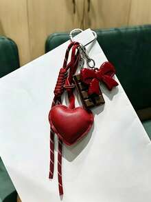 1pc Original Handmade Exquisite Cute Keychain With Bow Knot + Leather Heart + Chocolate Block Design, 3D Heart-Shaped PU Leather Keychain - Cartoon Theme Rectangular Bag Charm - Multicolor - View 2