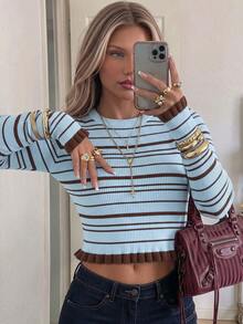 Sweater Rajut Bergaris Biru & Cokelat Vintage Kasual Musim Gugur Wanita, Atasan Pendek Bergaris dengan Hem Berumbai, Atasan Pendek Bergaris Wanita, Atasan Bergaris Kasual Wanita Musim Gugur - biru-coklat - View 1