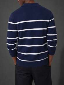 Men's Spring/Autumn Casual Commute Versatile Striped Airplane Collar Long Sleeve Sweater - Navy Blue - View 2