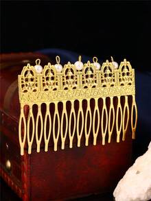 1Pc Vintage Gold Hollow Carved Hair Comb, Ornate Scroll Embossed Hair Insert Comb, Elegant Hair Accessory For Women Wedding Banquet - Gold - View 12