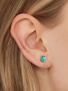 LEKANI 1 buah Anting Tusuk Kecil Opal Bulat Perak Sterling S925, Anting Batu Berwarna-warni Mini Minimalis dengan Bingkai, Perhiasan Serbaguna untuk Wanita untuk Perjalanan Sehari-hari - Emas - View 3