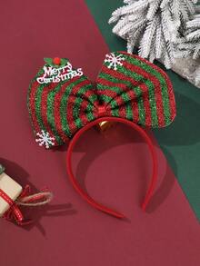 1pc Christmas Red & Green Striped Sequin Large Bow Headband MerryChristmas Snowflake Decor Bell Head Hoop Holiday Party Costume Hair Accessory - Red and Green - View 7
