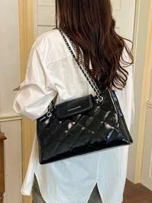 Women Tote Shoulder Bag,Diamond Quilted,Glossy Faux Leather,Double Layer Chain Strap & Logo Flap,Large Capacity,Classic Luxury Style,Daily Work - Black - View 6