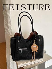 FEISTURE 1件 PU材質女款通勤托特包，時尚多層吊飾肩背包，適合女孩、女性、大學生、職場新人與白領上班族，完美適用於工作、商務、通勤、上學 - 黑色 - 查看 12