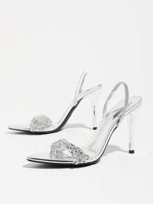 Women's Silver Mirror One-Strap Pointed Toe Slingback High Heel Sandals With Rhinestone Decor, Formal Dress Shoes, Versatile For Spring/Summer Commute, Party, Wedding, Outdoor Wear, Fashionable - Silver - View 5