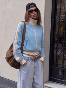 Women's Colorblock Stand Collar Zipper Long Sleeve Jacket, Embroidered Detail Side Stripe Casual Outerwear - Blue - View 8