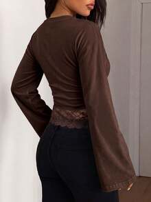 Y2K Hot Girl Style Bell Sleeve Cropped Top, Fitted Ruched Lace Hem, Casual Night Out Top - Coffee Brown - View 4