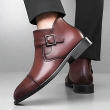 Men's Plus Size Buckle Ankle Boots With Side Zipper, Smooth Leather Upper, Round Toe, Low Chunky Heel, Business Formal Dress Shoes - Brown - View 4