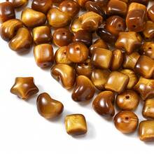 10pcs Vintage Brown Gilded Flowing Pattern Beads, Faux Tiger Eye Gold Powder Resin Spacer Beads, Heart Star Square Flat Beads For DIY Handmade Jewelry Accessories - Light Brown - View 7
