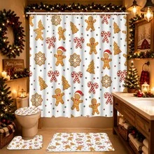 1/4 Piece Bathroom Curtain Set, Includes Non-Slip Rug, Toilet Lid Cover And Bath Mat, Christmas Gingerbread Man Candy Cane Snowflake Pattern Waterproof Shower Curtain, With 12 Hooks, Suitable For Bathroom, Size 70.8*70.8 Inches - A - View 19